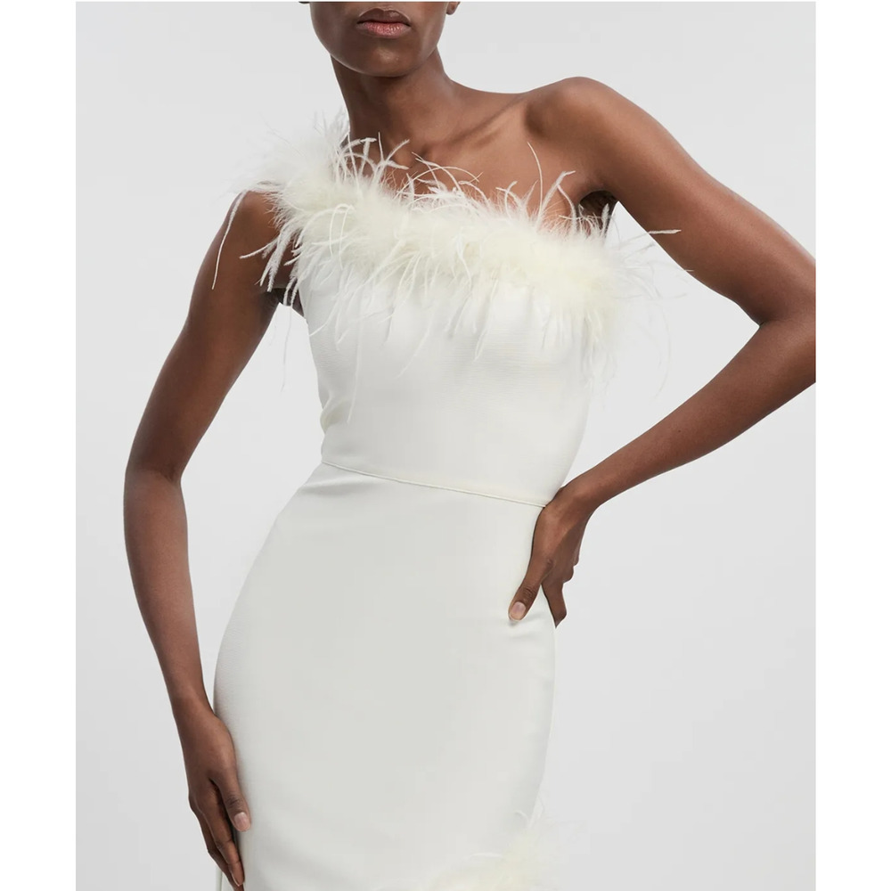 Altar'd State White One Shoulder Feather Trim Mini Dress Sze L Snow Bachelorette